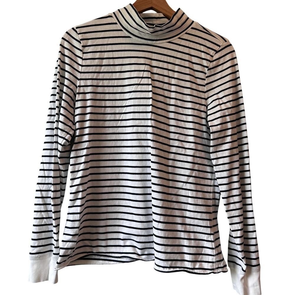 Anthropologie White and Black Stripe Mock Neck Long Sleeve Top